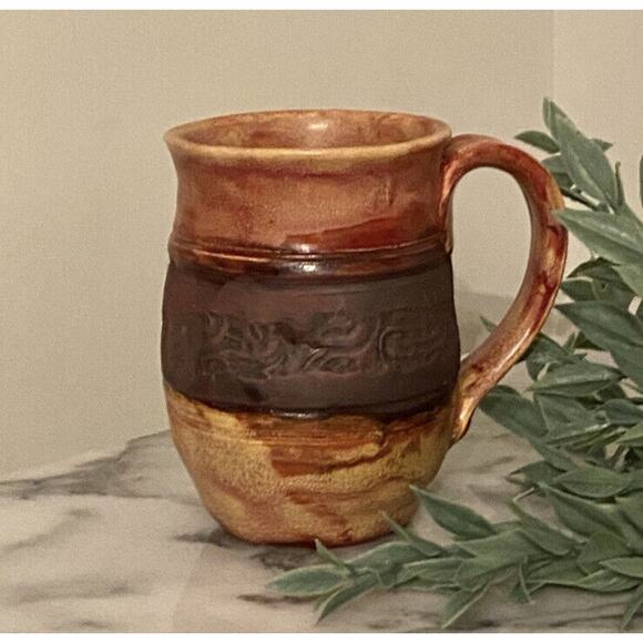 Rustic Hand Sculpted Belly Mug Artist Signed Terracotta Matte Glaze Carved Boho - Picture 3 of 5